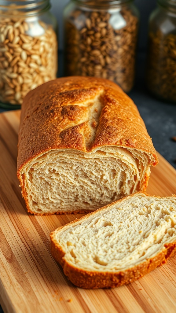 Freshly baked whole wheat bread loaf on a cutting board, sliced to show soft interior.